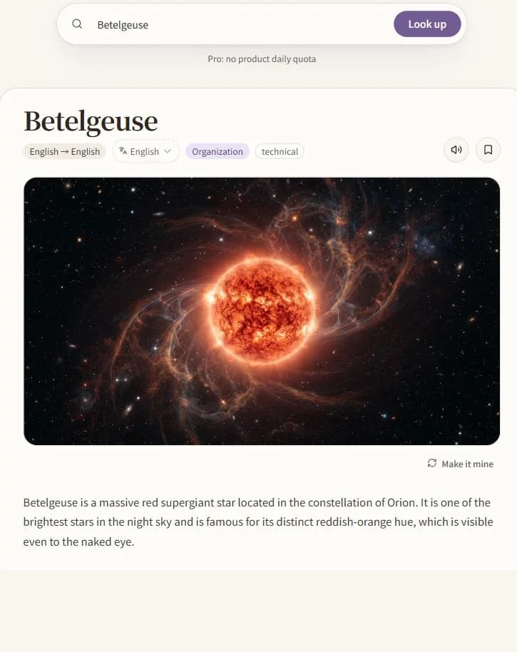 A real WordDream card explaining the star Betelgeuse