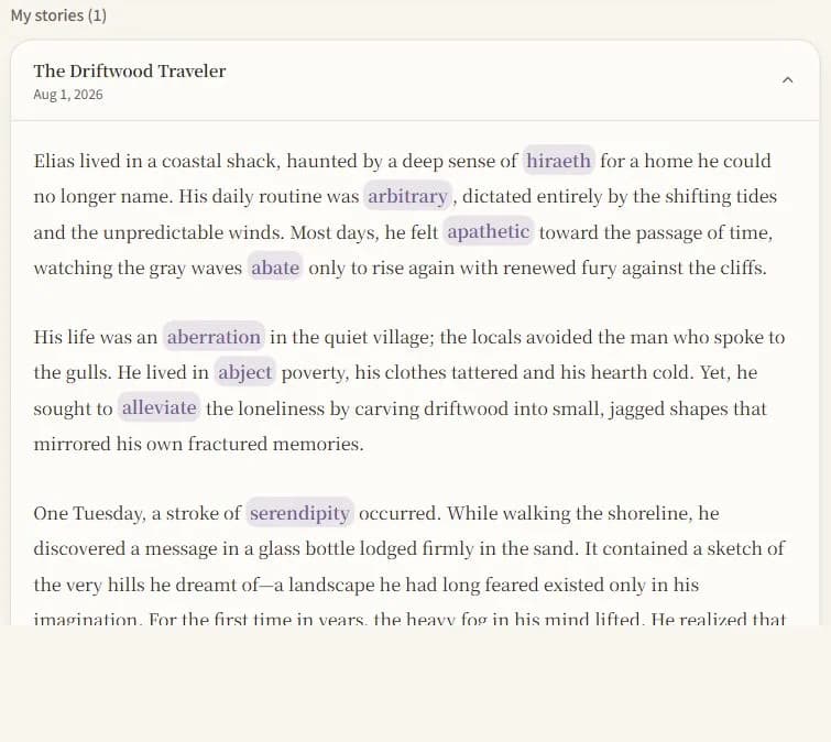 A generated story with the used words highlighted